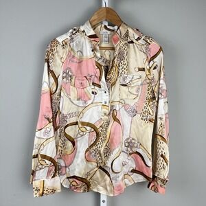 Vintage Y2K Cache Pink Brown‎ Top Womens S Leopard Rope Ribbon Print Silk Blend